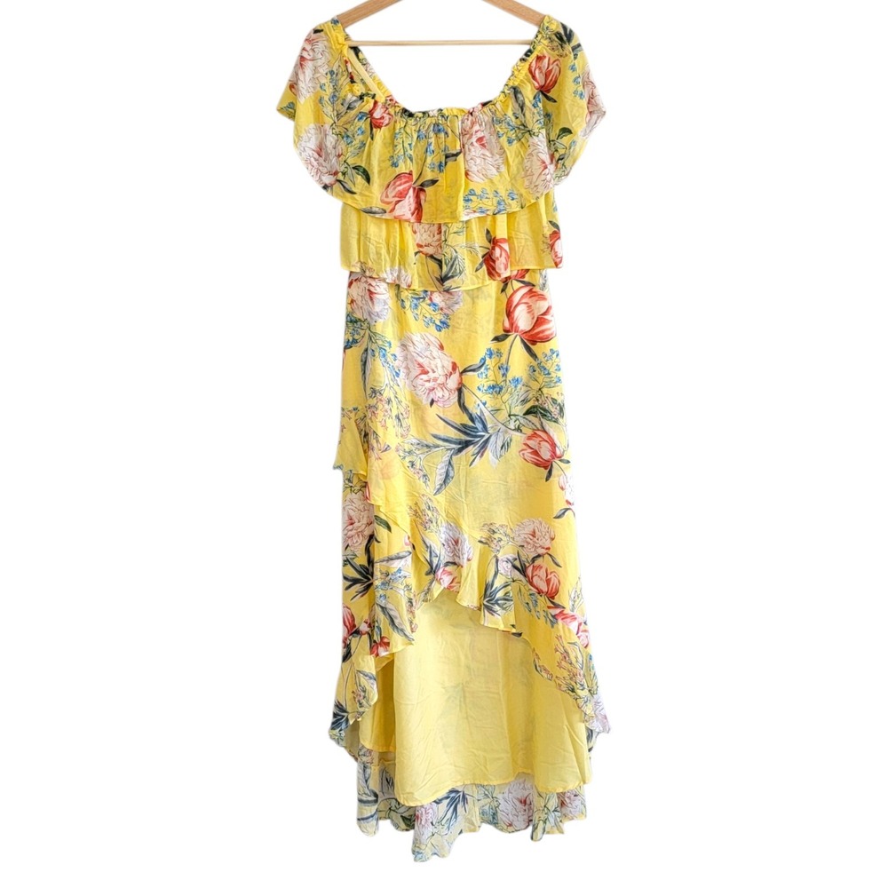 BB Dakota RSVP Dress 4 Madison Hi Low Yellow Floral Resort‎ Vacation Ruffles New